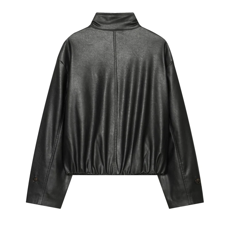 Damen Cropped Kunstleder‑Blousonjacke mit Funnelkragen, Epauletten und elastischem Saum Drune