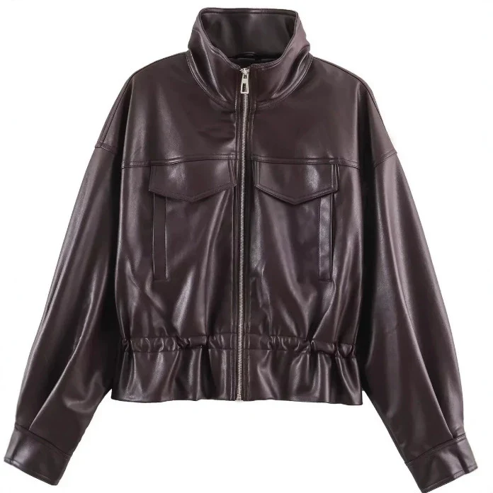Damen Cropped Kunstleder‑Blouson mit Stehkragen, Pattentaschen und Tunnelzugtaillierung Drune