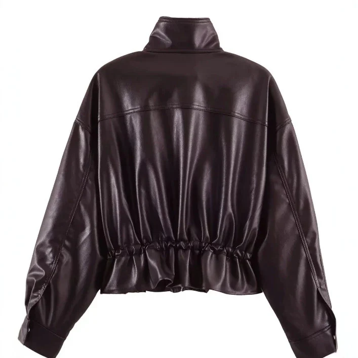 Damen Cropped Kunstleder‑Blouson mit Stehkragen, Pattentaschen und Tunnelzugtaillierung Drune