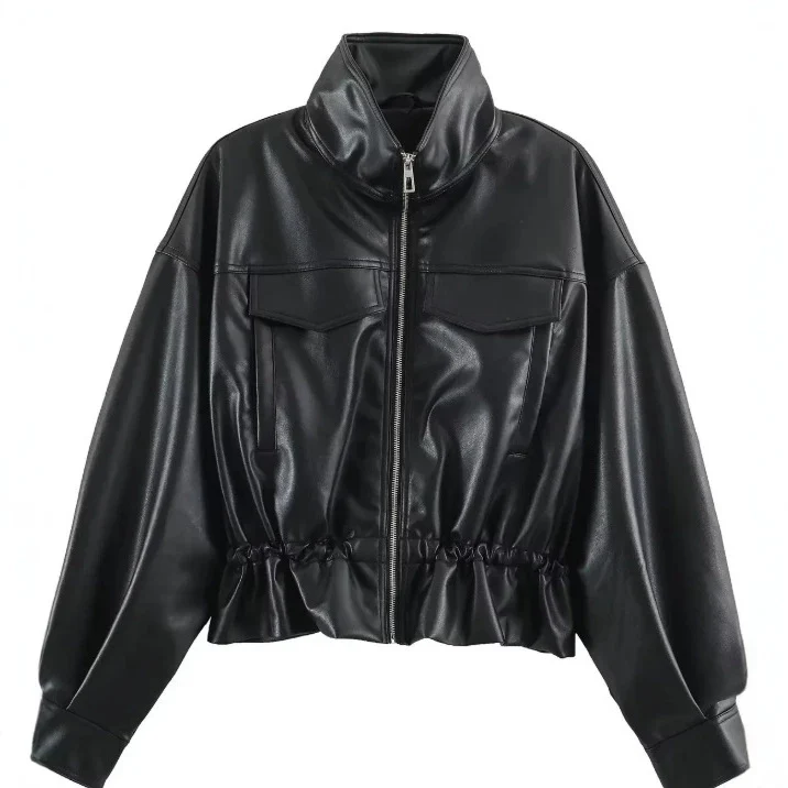 Damen Cropped Kunstleder‑Blouson mit Stehkragen, Pattentaschen und Tunnelzugtaillierung Drune