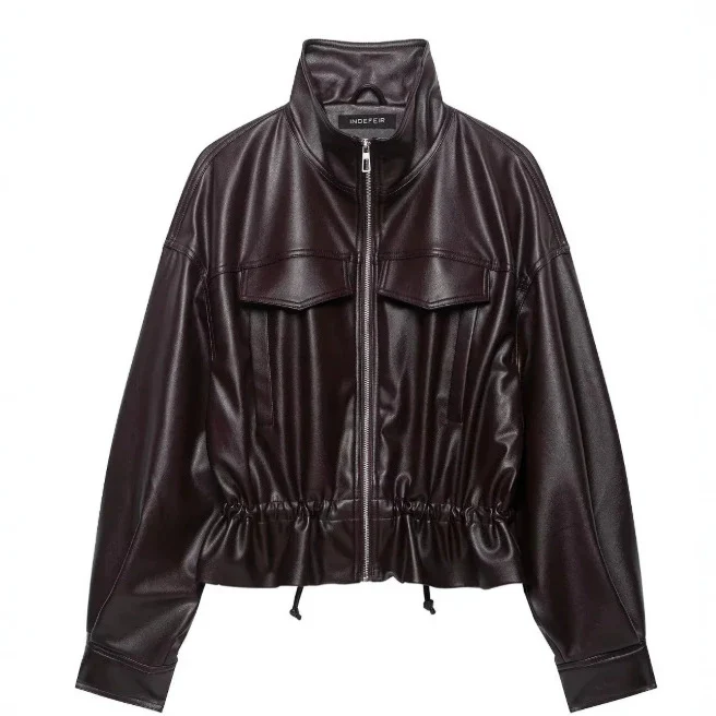 Damen Cropped Kunstleder‑Blouson mit Stehkragen, Pattentaschen und Tunnelzugtaillierung Drune