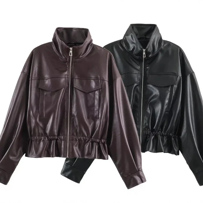 Damen Cropped Kunstleder‑Blouson mit Stehkragen, Pattentaschen und Tunnelzugtaillierung Drune