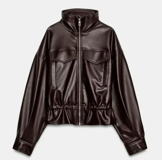 Damen Cropped Kunstleder‑Blouson mit Stehkragen, Pattentaschen und Tunnelzugtaillierung Drune