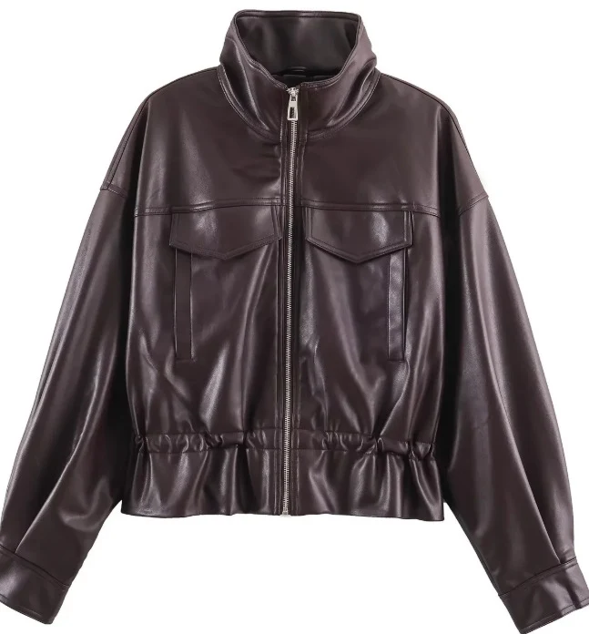 Damen Cropped Kunstleder‑Blouson mit Stehkragen, Pattentaschen und Tunnelzugtaillierung Drune