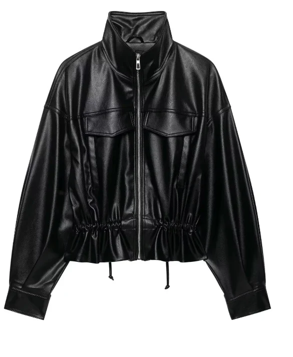 Damen Cropped Kunstleder‑Blouson mit Stehkragen, Pattentaschen und Tunnelzugtaillierung Drune