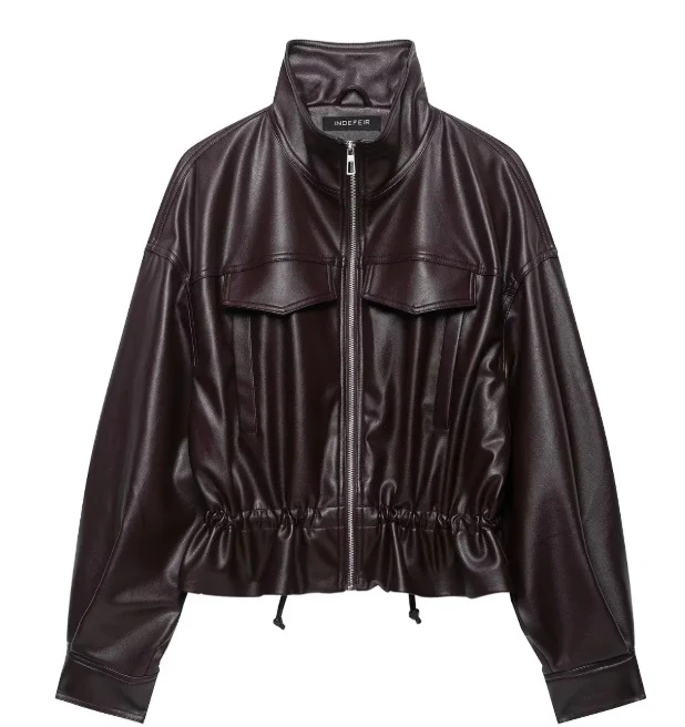 Damen Cropped Kunstleder‑Blouson mit Stehkragen, Pattentaschen und Tunnelzugtaillierung Drune