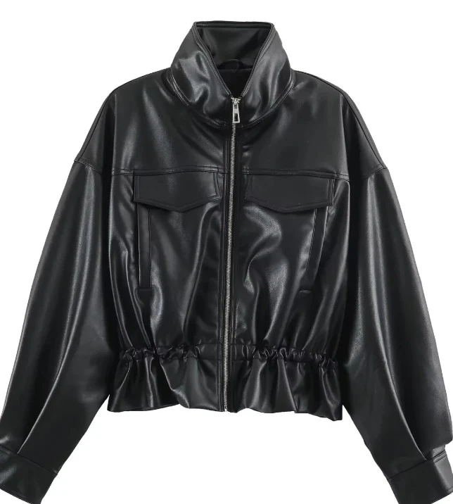 Damen Cropped Kunstleder‑Blouson mit Stehkragen, Pattentaschen und Tunnelzugtaillierung Drune