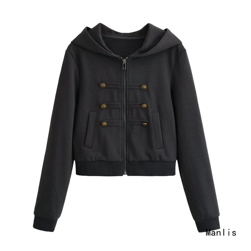 Damen Cropped Kapuzenblouson im Military‑Look mit Zierknopfleiste und geripptem Saum Drune