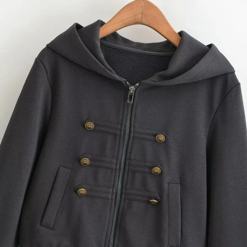 Damen Cropped Kapuzenblouson im Military‑Look mit Zierknopfleiste und geripptem Saum Drune