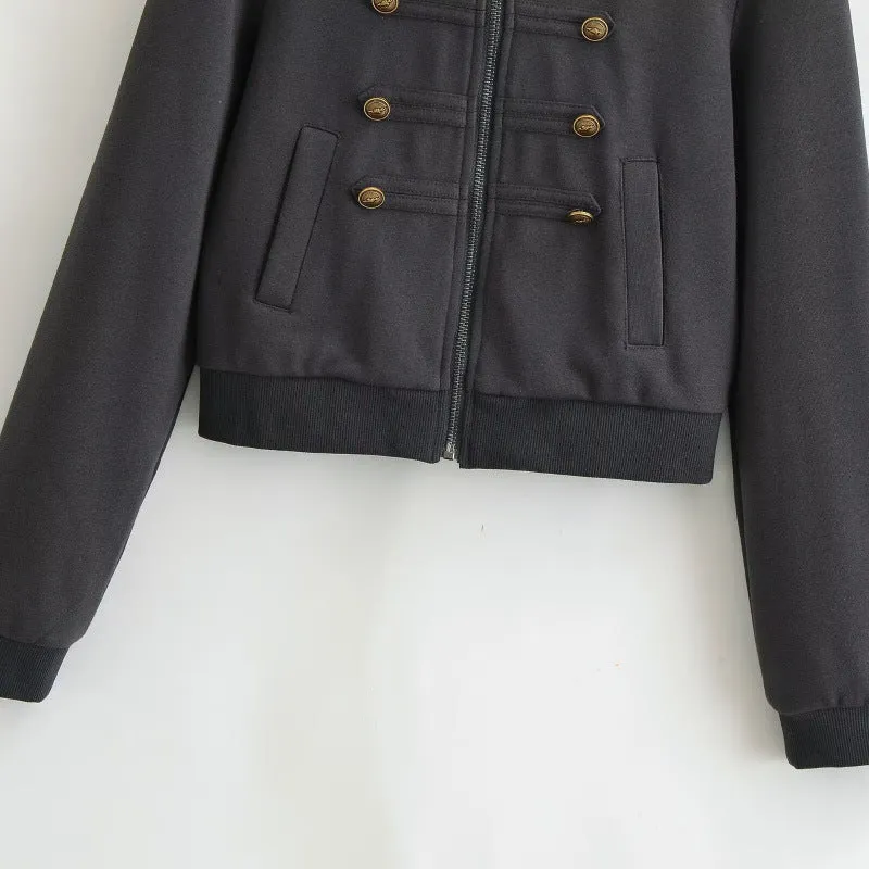 Damen Cropped Kapuzenblouson im Military‑Look mit Zierknopfleiste und geripptem Saum Drune