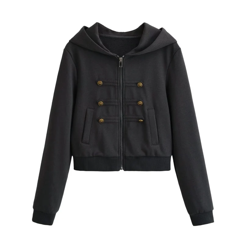 Damen Cropped Kapuzenblouson im Military‑Look mit Zierknopfleiste und geripptem Saum Drune