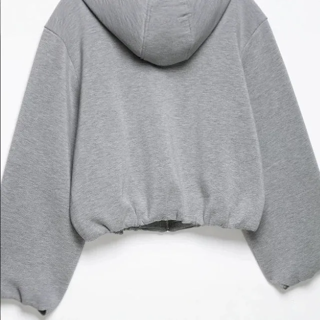 Damen Cropped Kapuzen‑Sweatjacke im Bomberstil mit Ballonärmeln Drune