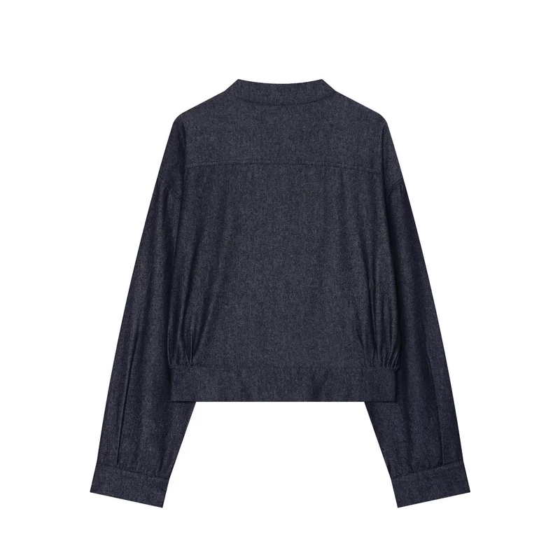 Damen Cropped Jeansjacke mit Stehkragen und chinesischen Knebelverschlüssen Drune