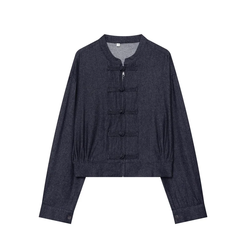 Damen Cropped Jeansjacke mit Stehkragen und chinesischen Knebelverschlüssen Drune