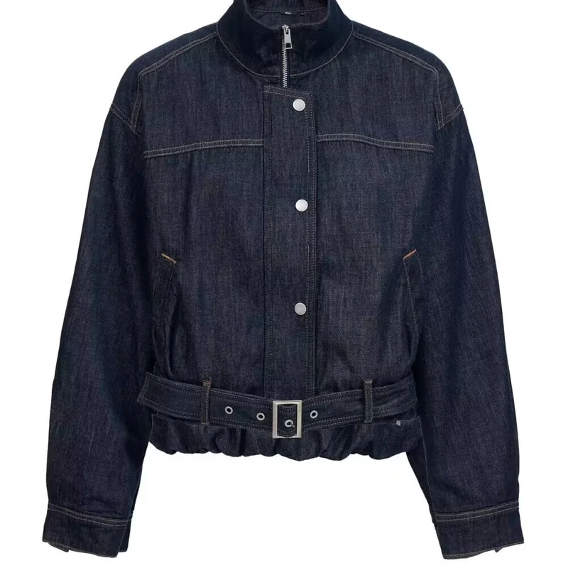 Damen Cropped Jeansjacke mit Stehkragen, Taillengürtel und elastischem Saum Drune