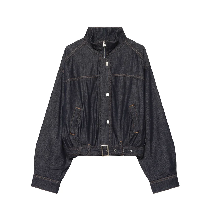 Damen Cropped Jeansjacke mit Stehkragen, Taillengürtel und elastischem Saum Drune