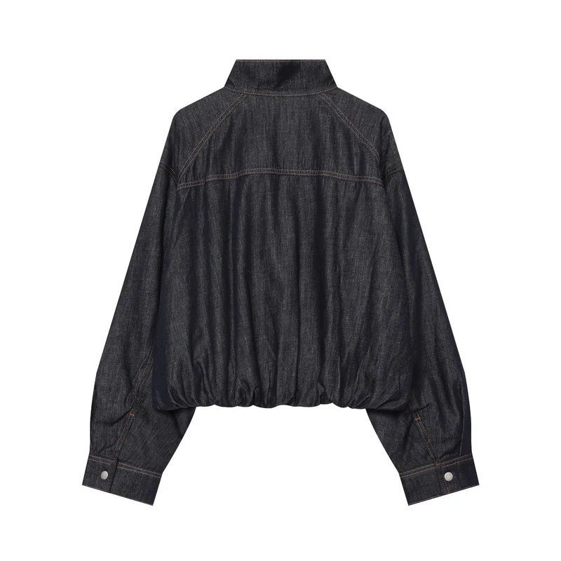 Damen Cropped Jeansjacke mit Stehkragen, Taillengürtel und elastischem Saum Drune