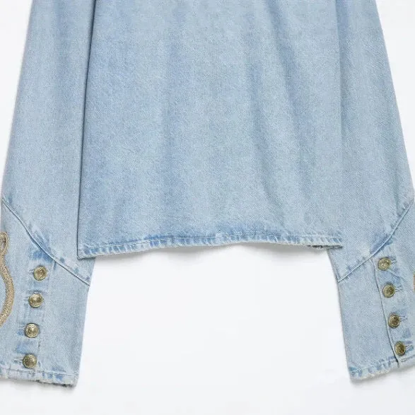 Damen Cropped-Jeansjacke im Military‑Stil mit dekorativer Kordelapplikation Drune