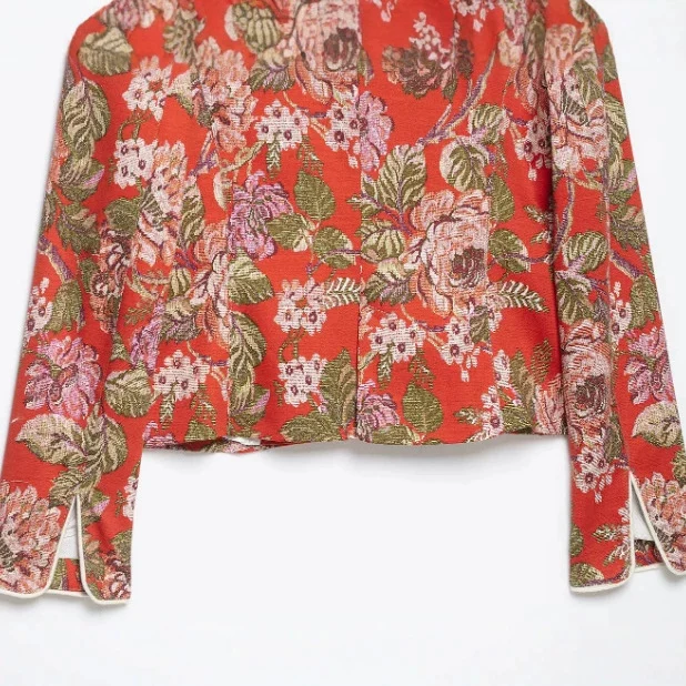 Damen Cropped Jacquard‑Blouson mit Mandarinkragen und floraler Brokatstruktur Drune