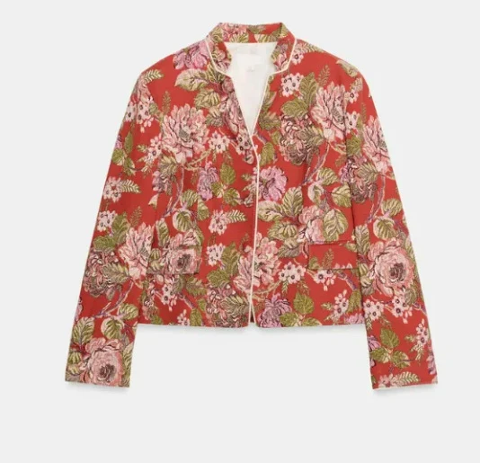 Damen Cropped Jacquard‑Blouson mit Mandarinkragen und floraler Brokatstruktur Drune