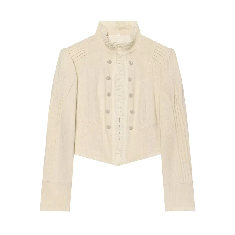 Damen Cropped Jacke mit Stehkragen, Rüschenblende und doppelreihiger Zierknopfleiste Drune