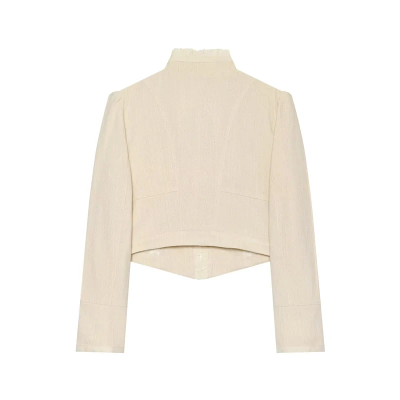 Damen Cropped Jacke mit Stehkragen, Rüschenblende und doppelreihiger Zierknopfleiste Drune