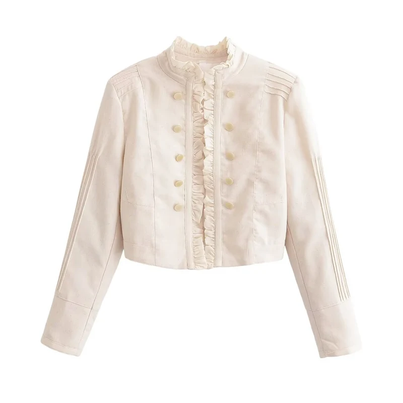 Damen Cropped Jacke mit Rüschenfront, Stehkragen und Zierknopfleiste Drune