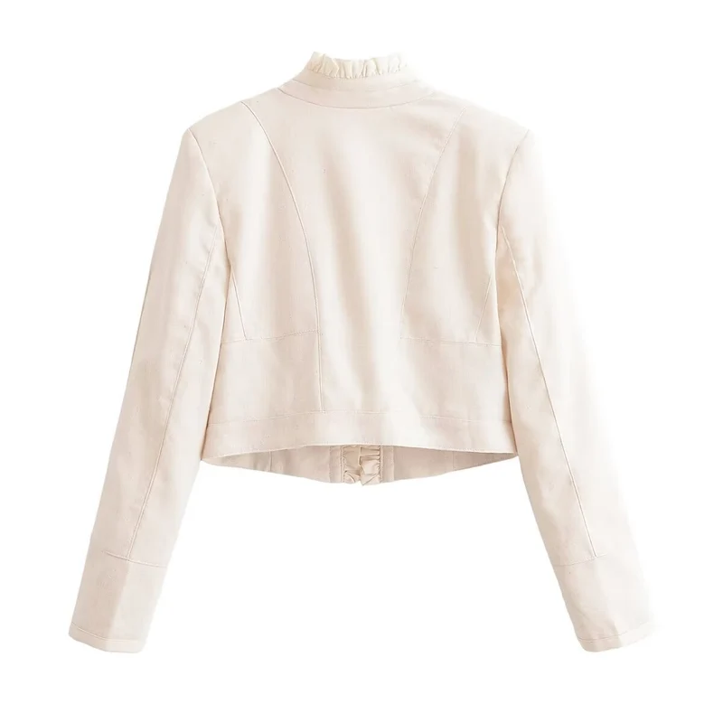 Damen Cropped Jacke mit Rüschenfront, Stehkragen und Zierknopfleiste Drune