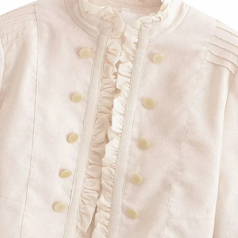 Damen Cropped Jacke mit Rüschenfront, Stehkragen und Zierknopfleiste Drune