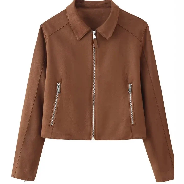 Damen Cropped Jacke aus Velourslederoptik mit Hemdkragen und zwei Reißverschlusstaschen Drune