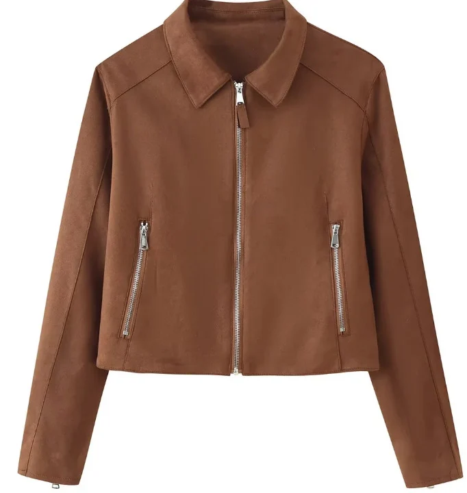 Damen Cropped Jacke aus Velourslederoptik mit Hemdkragen und zwei Reißverschlusstaschen Drune