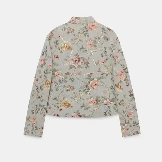 Damen Cropped gesteppte Blousonjacke mit botanischem Blumenprint und Mandarin‑Stehkragen Drune