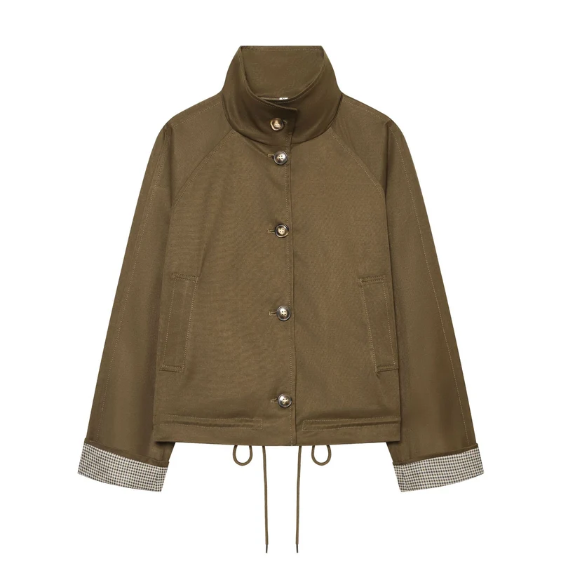 Damen Cropped Field‑Jacke im Utility‑Look mit hohem Stehkragen und Kordelzug Drune