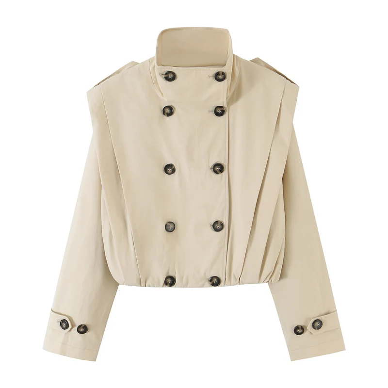 Damen Cropped Doppelreihiger Trench‑Blouson mit Stehkragen und taillierendem Gummizug Drune