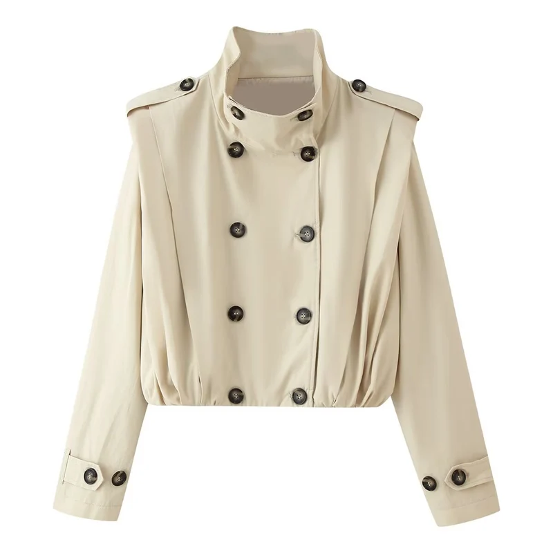 Damen Cropped Doppelreihiger Trench‑Blouson mit Stehkragen, Schulterpatten und elastischem Saum Drune