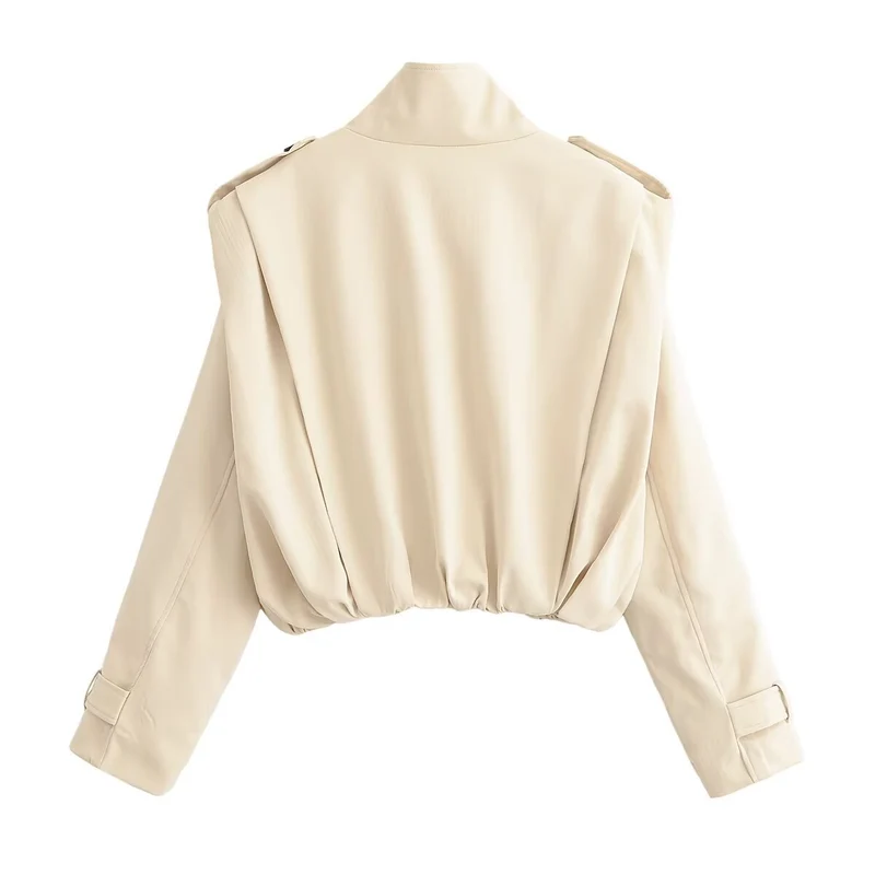 Damen Cropped Doppelreihige Trenchjacke mit Stehkragen, Schulterriegeln und elastischem Saum Drune