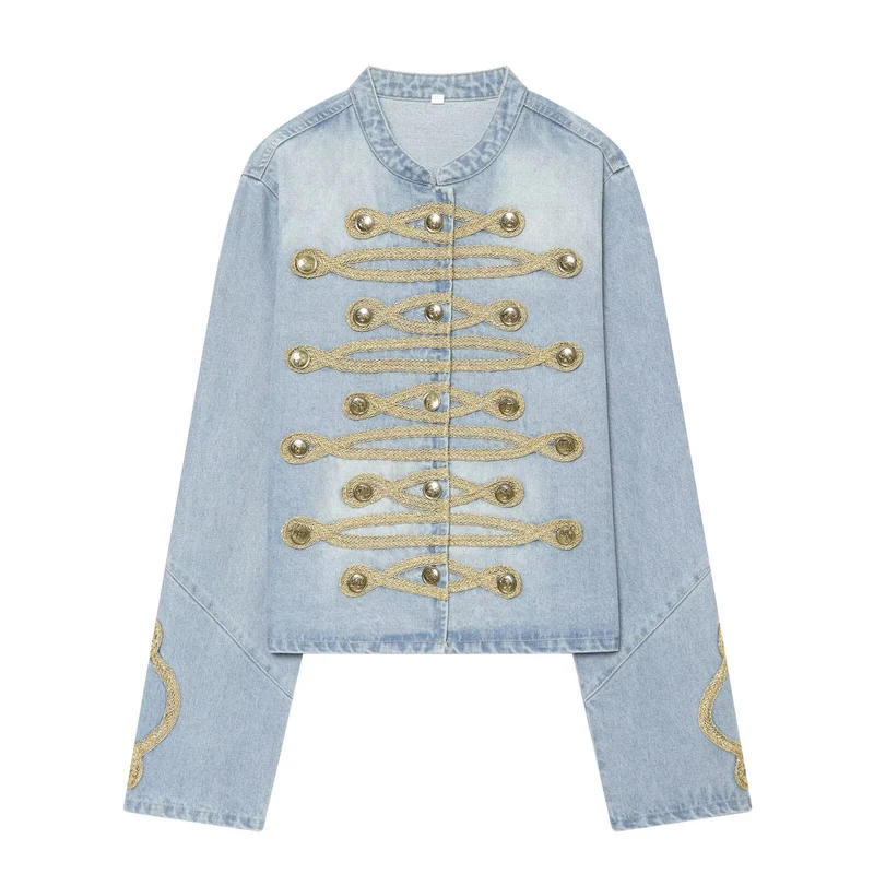 Damen Cropped Denim‑Militärblouson mit goldener Schnurverzierung Drune