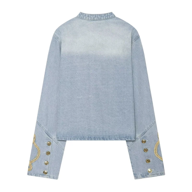 Damen Cropped Denim‑Militärblouson mit goldener Schnurverzierung Drune