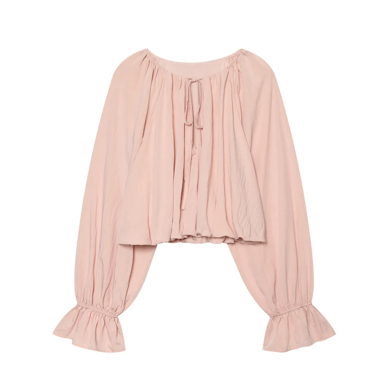 Damen Cropped Carmen‑Bluse mit Ballonärmeln, Tunnelzug und gerafftem Saum Drune