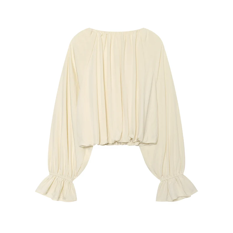 Damen Cropped Carmen‑Bluse mit Ballonärmeln, Tunnelzug und gerafftem Saum Drune
