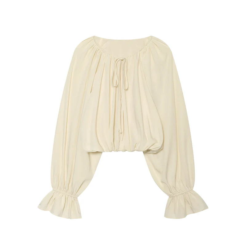 Damen Cropped Carmen‑Bluse mit Ballonärmeln, Tunnelzug und gerafftem Saum Drune