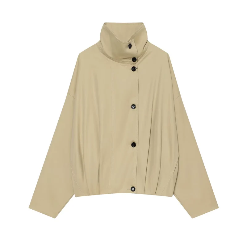 Damen Cropped Capejacke mit hohem Stehkragen, überschnittener Ärmel und Knopfleiste Drune