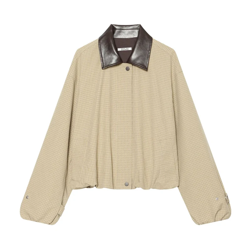 Damen Cropped-Boxy-Übergangsjacke mit Karomuster und kontrastierendem Kunstlederkragen Drune