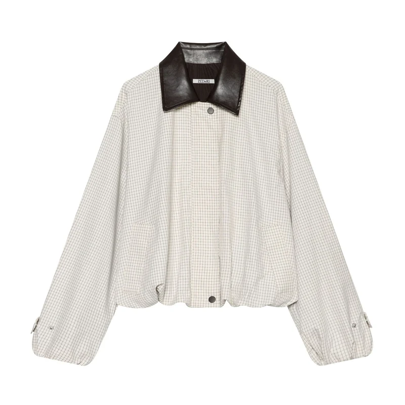 Damen Cropped-Boxy-Übergangsjacke mit Karomuster und kontrastierendem Kunstlederkragen Drune