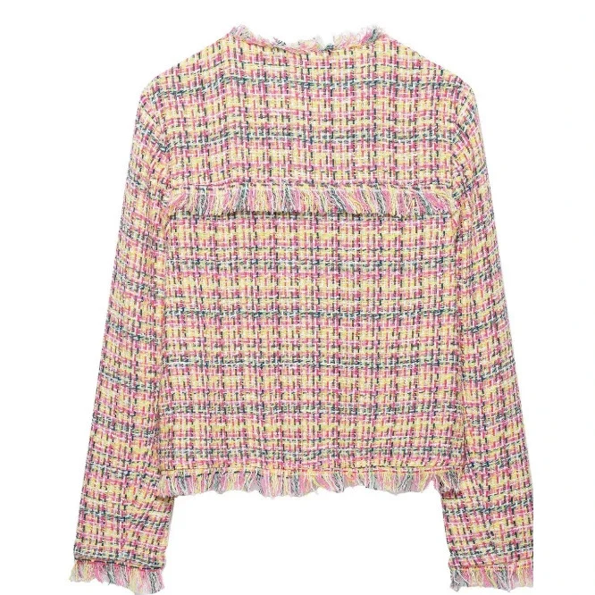 Damen Cropped Bouclé‑Tweed‑Blazer im Chanelstil mit Fransenabschlüssen Drune