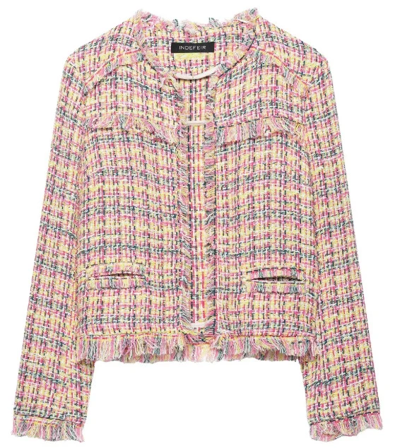 Damen Cropped Bouclé‑Tweed‑Blazer im Chanelstil mit Fransenabschlüssen Drune