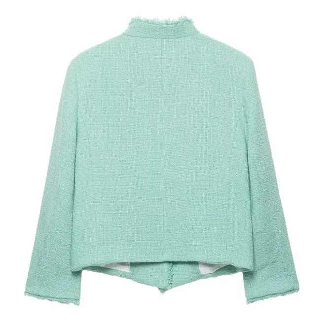 Damen Cropped Bouclé‑Jacke mit asymmetrischer Knopfleiste und Fransensaum Drune