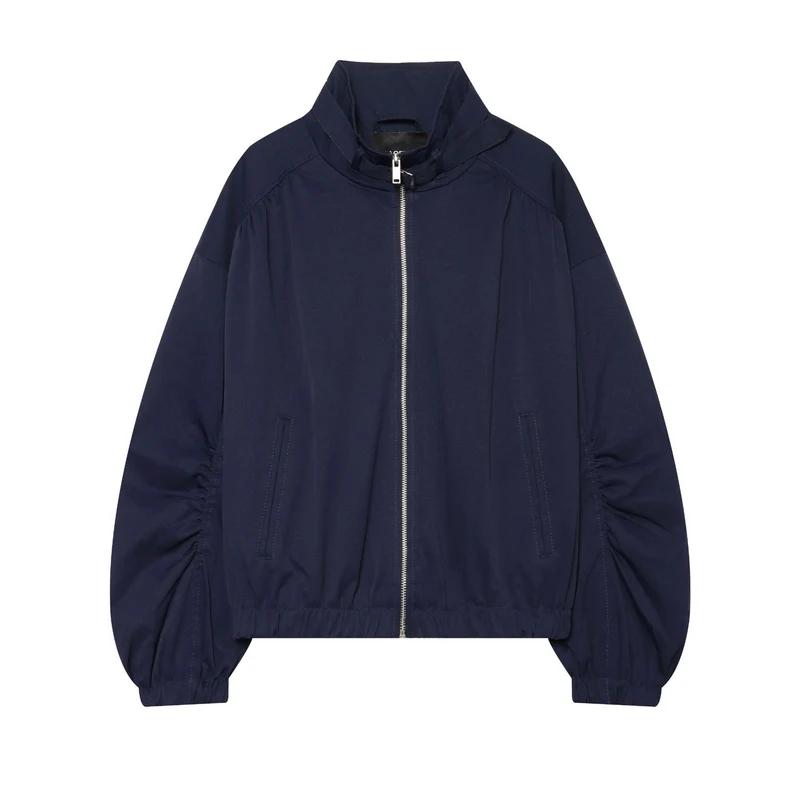 Damen Cropped Bomberjacke mit Stehkragen und gerafften Ballonärmeln Drune