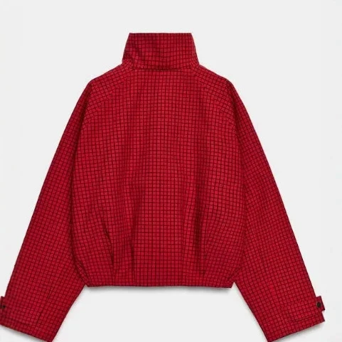 Damen Cropped Bomberjacke mit Stehkragen, Karomuster und elastischem Saum Drune