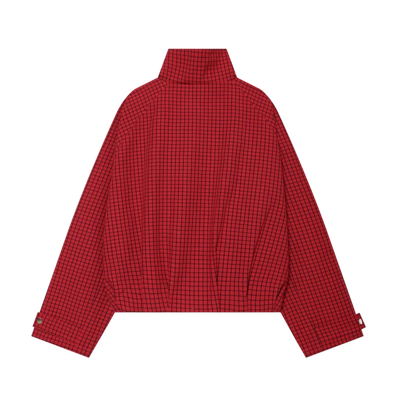 Damen Cropped-Bomberjacke mit hohem Stehkragen, Karomuster und elastischem Saum Drune